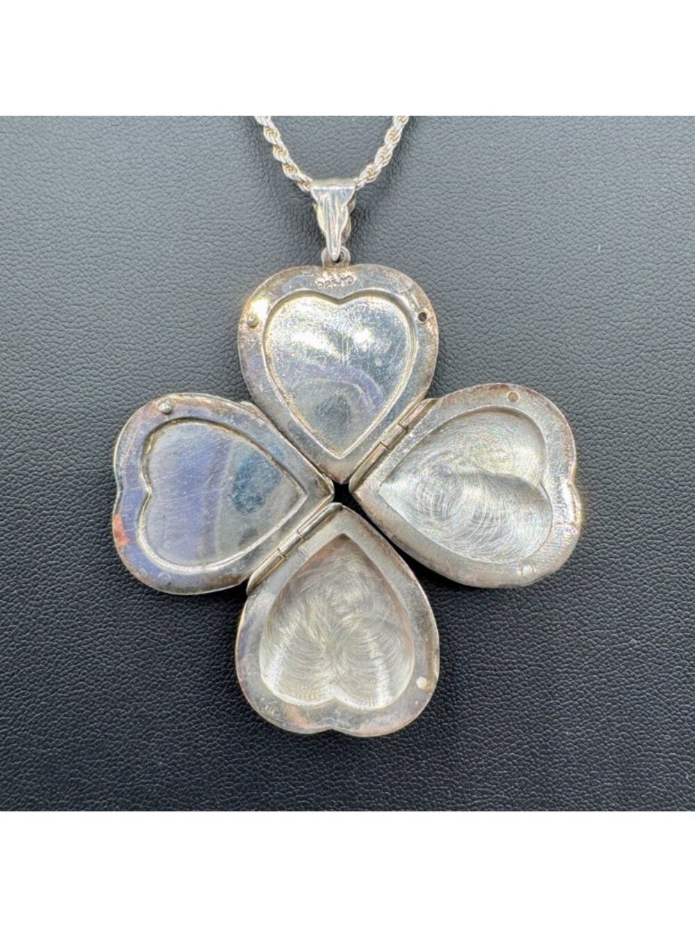 Sterling Silver Quad Heart Locket Engraved Multi Photo 18" Rope Chain 20g - Picture 3 of 9